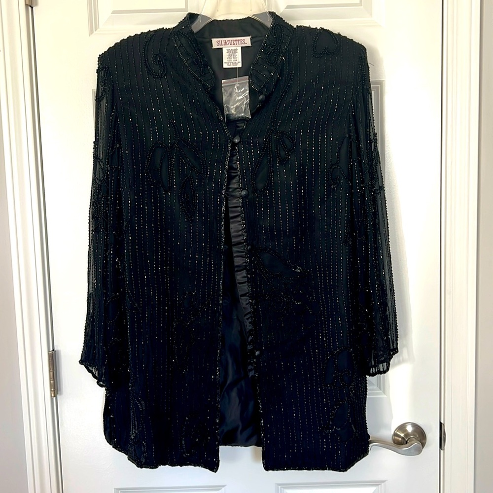 Silhouettes 100% Silk Black Beaded/Sequined Jacket - Size 16W.  New!